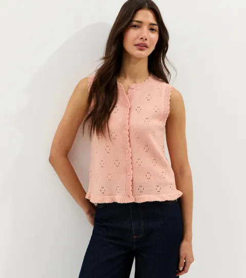 Women's Pink Cotton Rich Stitch Detail Scallop Trim Waistcoat