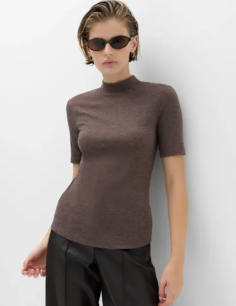 Marks & Spencer Cosy High Neck Half Sleeve T-Shirt Chocolate