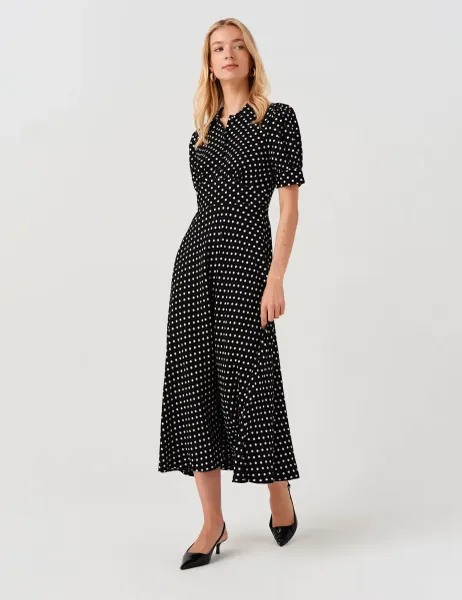 Ghost Polka Dot Midi Waisted Dress Black Mix