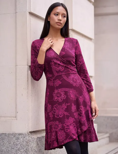 Roman Petite Floral Frill Wrap Mini Dress Magenta