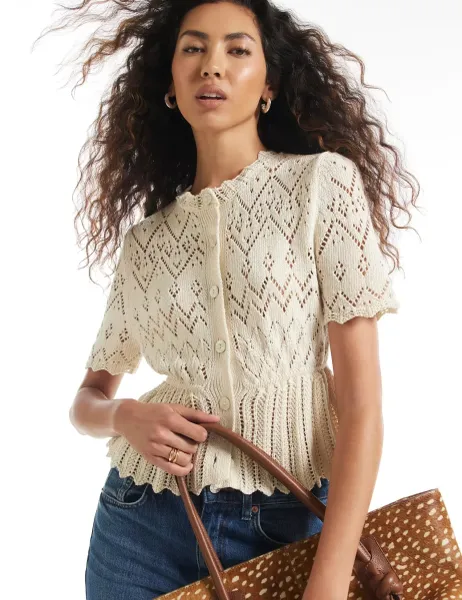 River Island Peplum Button Front Polo Top Cream