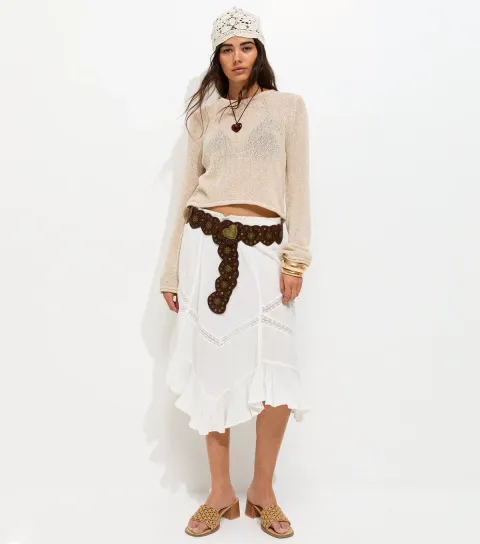 New Look Women's White Woven Asymmetric Lace Insert Midi Skirt