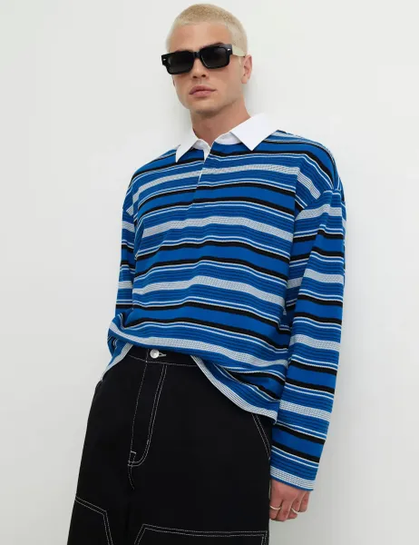 River Island Oversized Pure Cotton Striped Long Sleeve Polo Shirt Blue Mix