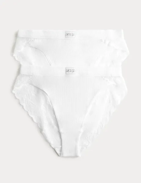 Marks & Spencer 2 Pack Juni Cotton Rib High Waisted High Leg Knickers White