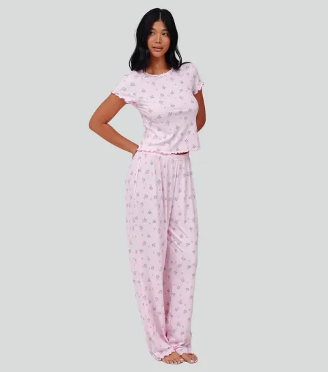 Women's Pink Floral T-Shirt And Trousers Pyjama Set