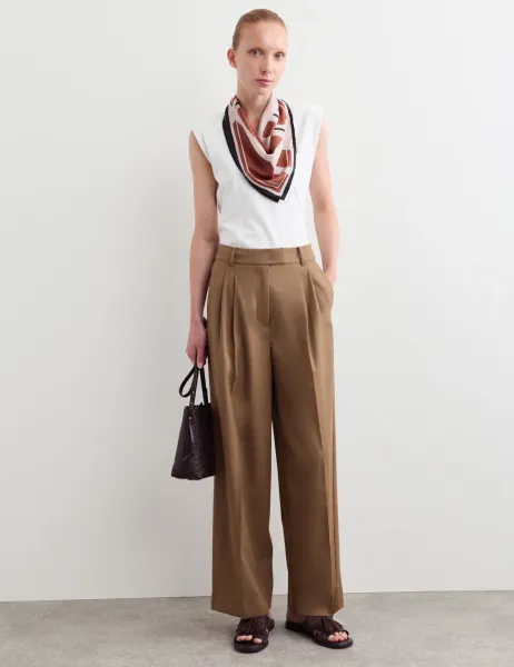 Jaeger Wool Rich Pleat Front Wide Leg Trousers Camel