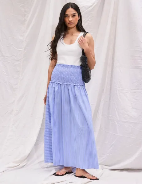 RO&ZO Cotton Rich Striped Shirred Midaxi Skirt Light Blue Mix