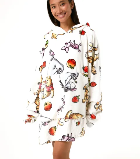 Skinnydip Women's White Fleece Winnie The Pooh Print Blanket Hoodie