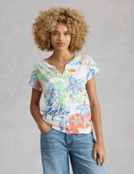 White Stuff Pure Cotton Printed T-Shirt White Mix