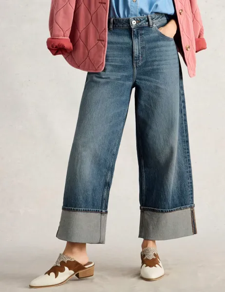 White Stuff Straight Leg Turn Up Ankle Grazer Jeans Dark Blue Denim