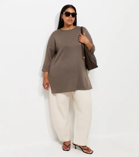 New Look Women's Plus Size Dark Mink Soft Touch Cropped Sleeve Long Top Curves