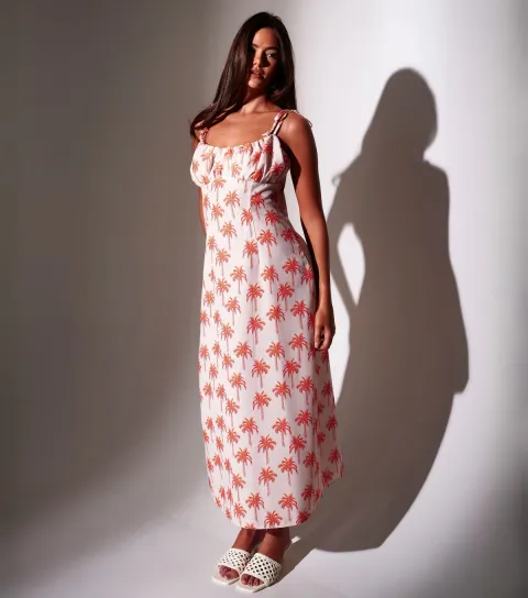 Women's White Palm Tree Print Maxi Dress