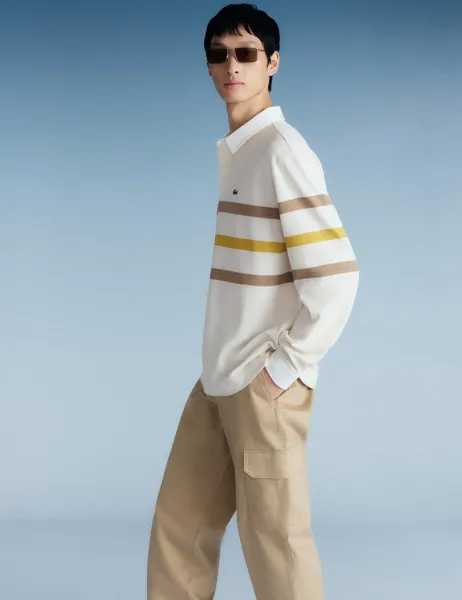 Lacoste Pure Cotton Pique Striped Rugby Shirt White Mix