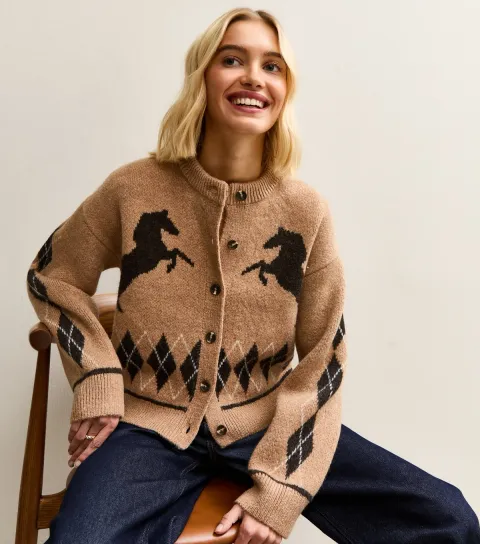 New Look Women's Brown Argyle Horse Knit Crew Neck Cardigan