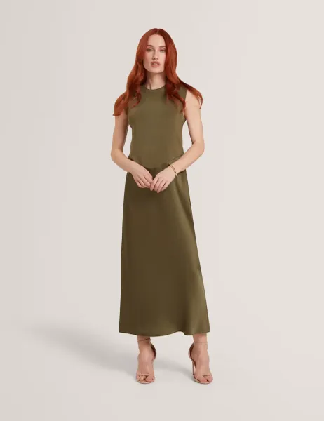 Ted Baker High Neck Knitted Panel Maxi Column Dress Khaki