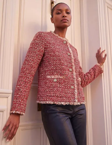Roman Frayed Edge Boucle Jacket Red Mix