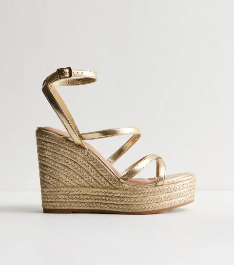 Women's Gold Faux Leather Metallic Strap Wedge Sandals Vegan
