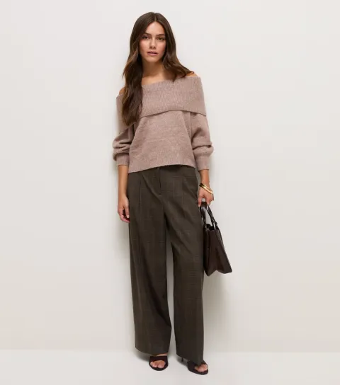 Women's Petite Brown Check Tailored Wide Leg Trousers