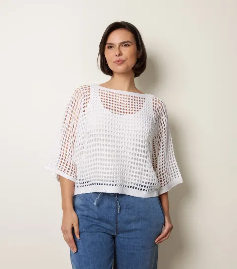 Women's Off White Crochet Net Top