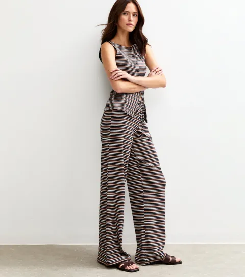 Women's Black Ribbed Striped Wide Leg Trousers