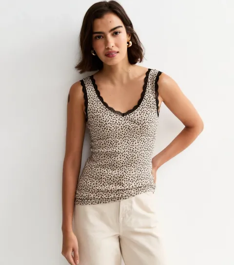 Women's Brown Leopard Print Lace Trim Vest