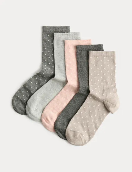 Marks & Spencer 5pk Super Soft Polka Dot Ankle High Socks Grey Mix