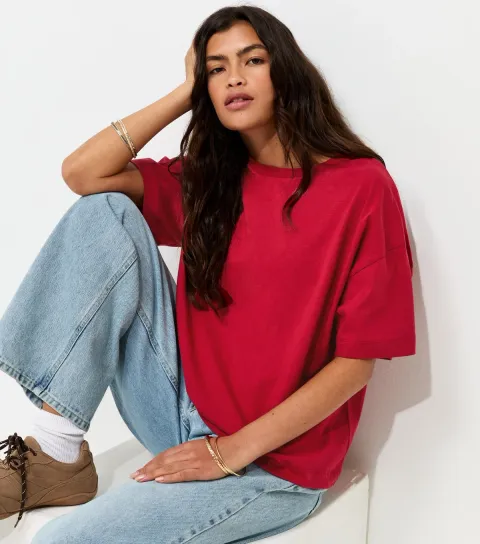 Women's Bright Red Cotton Oversized Boxy T-Shirt
