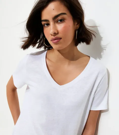 Women's Premium White Linen Rich V Neck T-Shirt