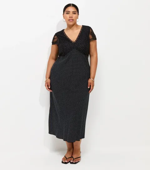 Women's Plus Size Black Spot Print Lace Bust Midi Dress Curves