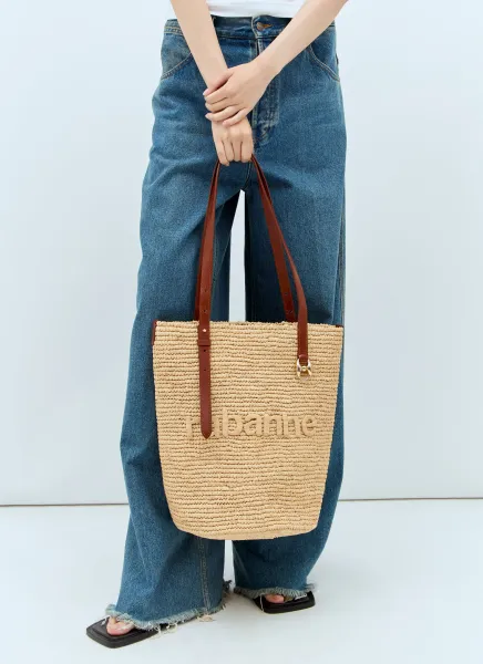 Embossed Logo Raffia Tote Bag