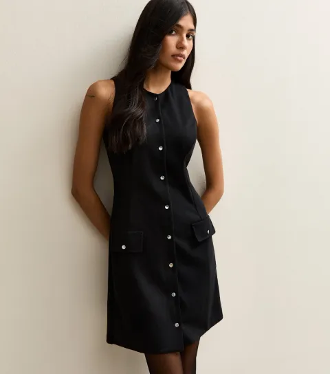 Women's Black Panelled Button Up Mini Pinafore Dress