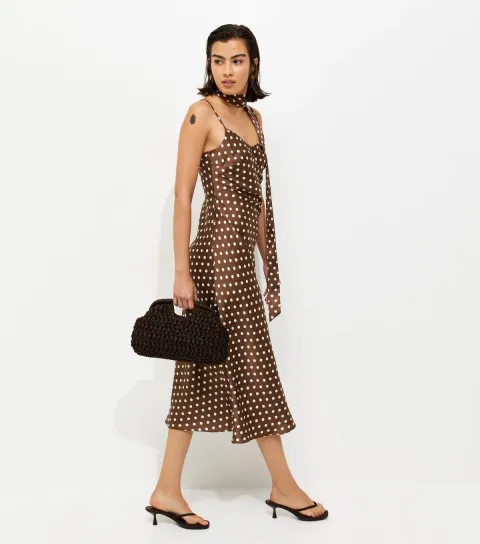 Women's Brown Satin Spot Print Midi Dress