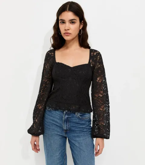 Women's Black With Cotton Floral Lace Long Sleeve Blouse