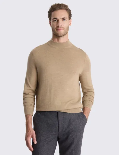 Moss Merino Wool Rich High Neck Jumper Camel