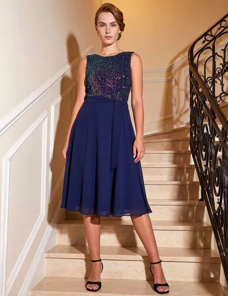 Roman Sequin Bodice Chiffon Skirt Dress Blue