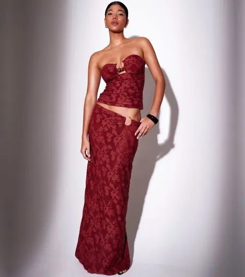 Women's Dark Red Ring Detail Maxi Skirt