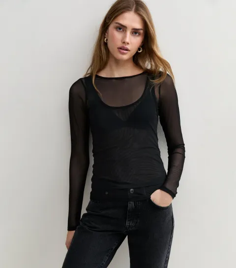 New Look Women's Black Mesh 2 in 1 Layered Long Sleeve Top