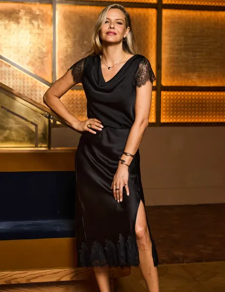 SOSANDAR Satin and Lace Cowl Neck Top Black