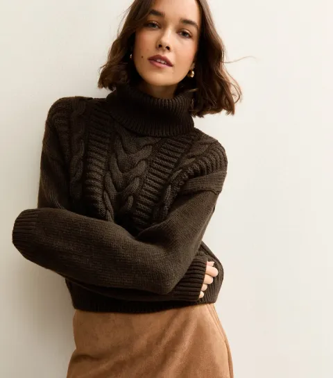Women's Dark Brown Cable Knit Roll Neck Jumper