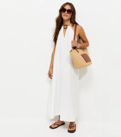 Women's Petite White Tortoiseshell O-Ring Maxi Beach Dress