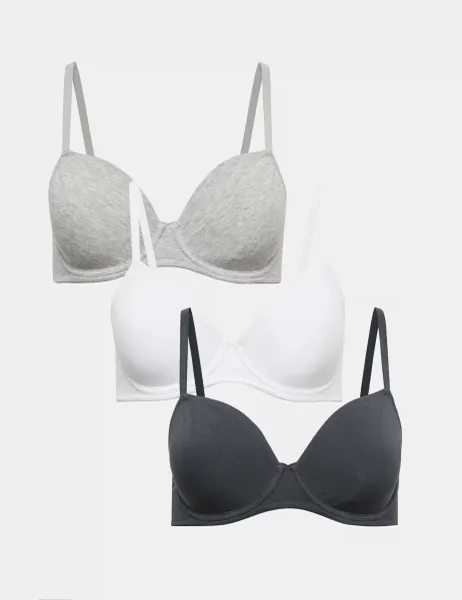 Marks & Spencer 3 Pack Cotton Rich Wired Full Cup Bras A-E Dark Pewter