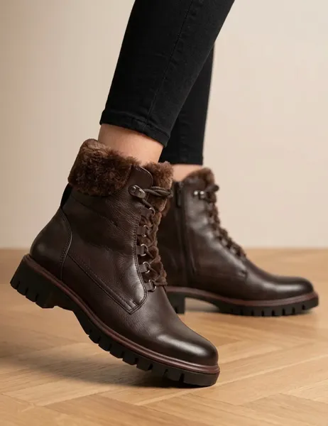 Jones Bootmaker Leather Faux Fur Trim Block Heel Round Toe Ankle Boots Brown