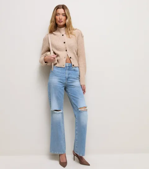 Women's Tall Mid Blue Ripped Knee Wide Leg Adalae Jeans