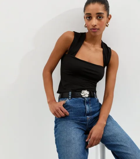 Women's Black Square Neck Slinky Vest Top