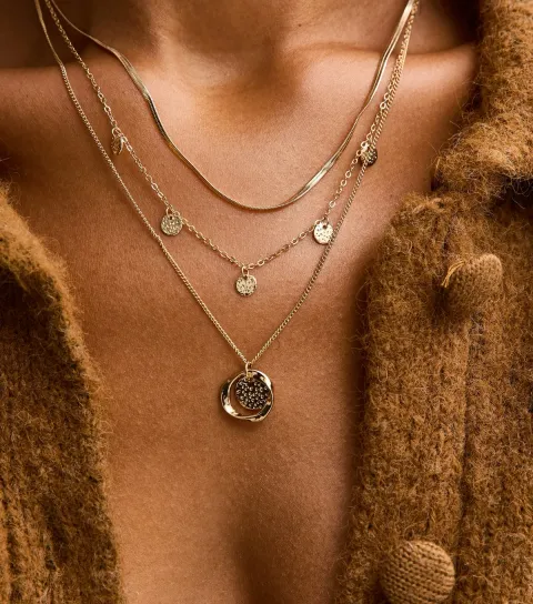 Gold Tone 3-Layer Diamante Circle Charm Necklace