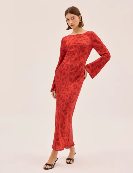 KITRI Floral Slash Neck Midaxi Column Dress Red Mix