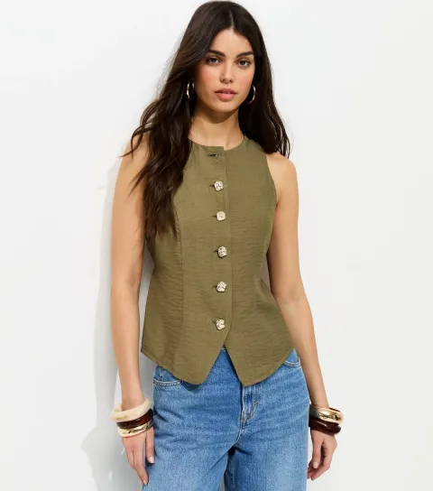 New Look Women's Khaki Gold Tone Textured Buttons Waistcoat