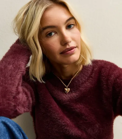 Women's Burgundy Fluffy Knit Crew Neck Jumper