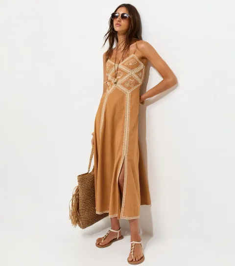 Women's Dark Yellow Shell Embroidered Strappy Midi Dress