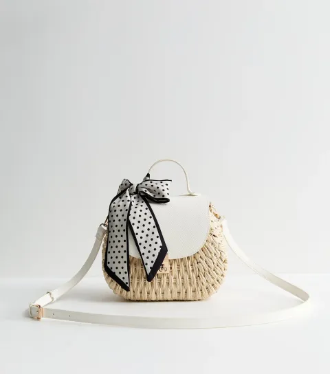 Stone Woven Wicker Crossbody Bag with Scarf